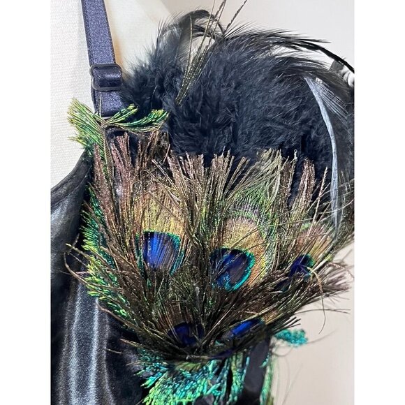 Fantasy Masquerade Peacock Feather Corset Dress Burlesque Gothic Steampunk Hi Lo - Picture 12 of 16